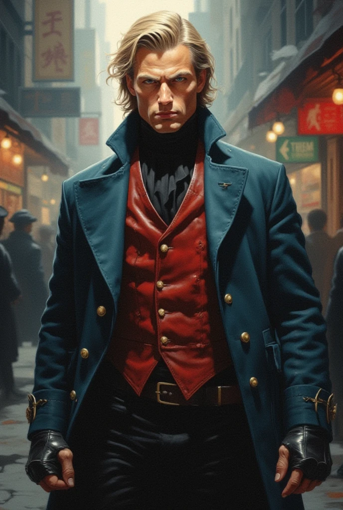 handsome man with orange hair, overcoat, Steampunk by Ed Blinkey, Atey Ghailan, Studio Ghibli by Jeremy Mann, Greg Manchess, Antonio Moro, trend at ArtStation, trend at CGSociety, Intricate, High Detail, Sharp Focus, dramatic and photorealistic painting art in the middle of the journey and Greg Rutkowski