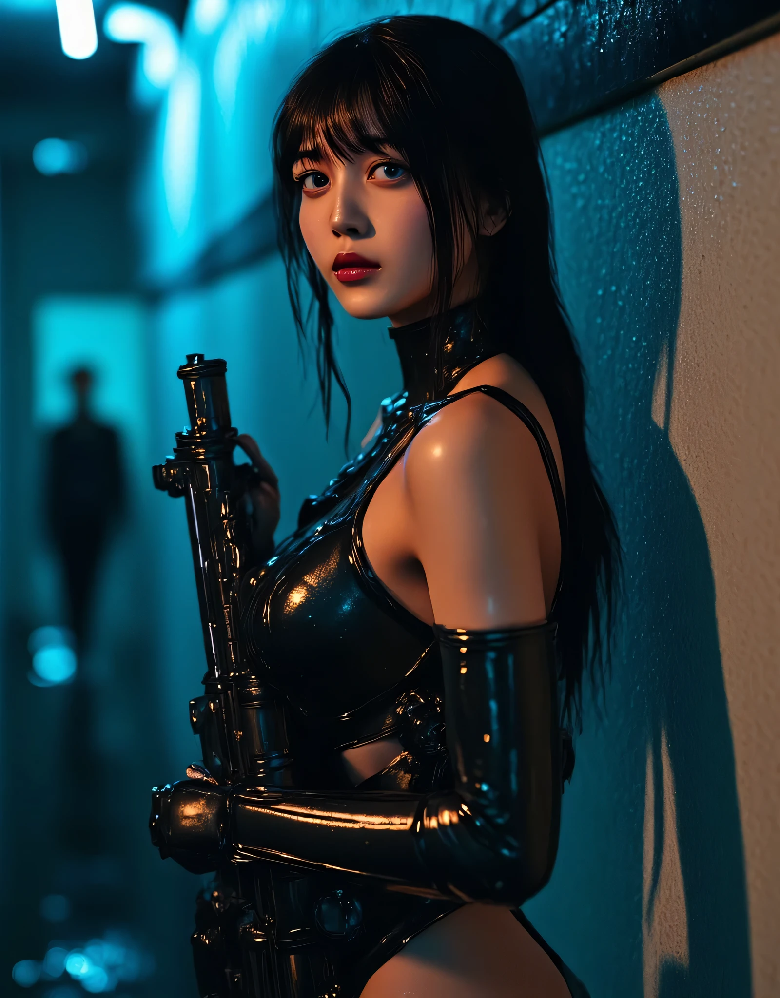 (((On a rainy night with a downpour:2.0))),(((HR Gigger style cyberpunk atmosphere:2.0))),(((Hold 2 Cyberpunk-style MP5 submachine guns:2.0))),(( pointing a muzzle at the viewer :2.0)),standing,((full body:2.0)),one woman,(cute face:2.0),(Beautiful well-balanced face :2.0),((long hair with bangs:2.0)),(black hair:1.5),(Beautiful Eyes:1.3),glamorous shot of an 18-year-old Japanese woman,Beautiful slender body,((model body type:2.0)),((slim body:1.7)),Perfect Body Line,ideal proportions,((small breasts:2.0)),((スリーサイズ90-55-87:2.0)),((G-cup breasts:1.5)),Big Breasts,Bare thighs,Sensual Thighs,delicate body,(succulent:1.7),harmonious posture,((Realistic breast depiction :1.7)),Carefully drawn limbs based on perfect anatomy,LED glowing ,(((translucent skin made of black glass:2.0))),((Black transparent body made of glass:2.0)),(((LED glowing 透けた骨格:2.0))),naked,((Tactical Holster:2.0)),((((Glass body:2.0)))),concept art,(Best Quality:1.5),(masterpiece:1.5),(超高resolution),resolution,UHD,(Delicate Description), carefully drawn with butterfly wings ,32k,((realistic skin texture that shows through the whole body:1.5)),(((ultra-realistic:1.5))),carefully draw eyelashes,very detailed face,Highly detailed female hand, Sexy appearance ,very sensual,(Blurry Dim Backgrounds :1.5),Professional Photography,(Dynamic Angles),(movie lights:2.0),((Blade Runner style light:2.0))