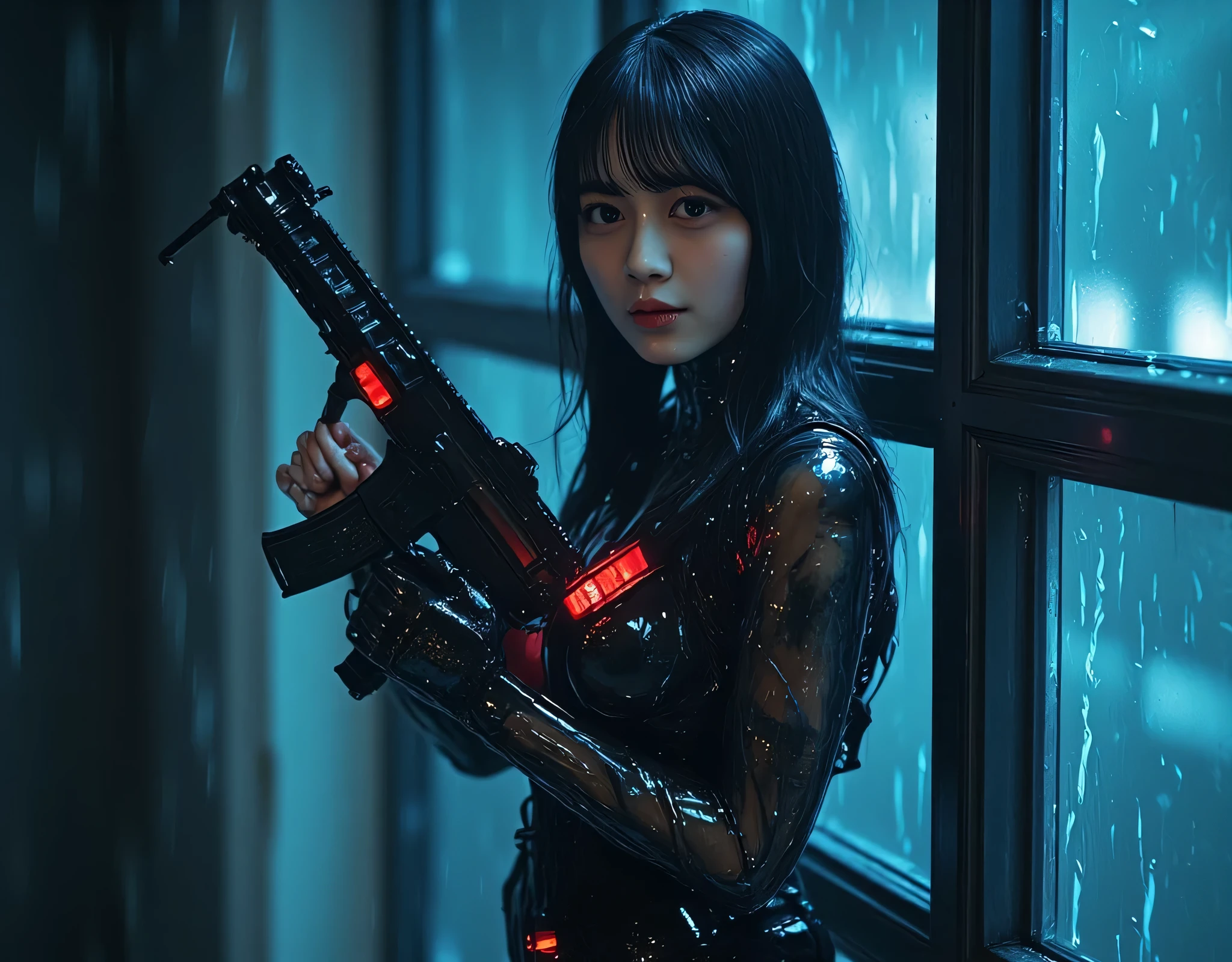 (((On a rainy night with a downpour:2.0))),(((HR Gigger style cyberpunk atmosphere:2.0))),(((Hold 2 Cyberpunk-style MP5 submachine guns:2.0))),(( pointing a muzzle at the viewer :2.0)),standing,((full body:2.0)),one woman,(cute face:2.0),(Beautiful well-balanced face :2.0),((long hair with bangs:2.0)),(black hair:1.5),(Beautiful Eyes:1.3),glamorous shot of an 18-year-old Japanese woman,Beautiful slender body,((model body type:2.0)),((slim body:1.7)),Perfect Body Line,ideal proportions,((small breasts:2.0)),((スリーサイズ90-55-87:2.0)),((G-cup breasts:1.5)),Big Breasts,Bare thighs,Sensual Thighs,delicate body,(succulent:1.7),harmonious posture,((Realistic breast depiction :1.7)),carefully depicts limbs based on perfect anatomy,LED glowing ,(((translucent skin made of black glass:2.0))),((Black transparent body made of glass:2.0)),(((LED glowing 透けた骨格:2.0))),naked,((Tactical Holster:2.0)),((((Glass body:2.0)))),concept art,(Best Quality:1.5),(masterpiece:1.5),(超高resolution),resolution,UHD,(Delicate Description), carefully drawn with butterfly wings ,32k,((realistic skin texture that shows through the whole body:1.5)),(((ultra-realistic:1.5))),carefully draw eyelashes,very detailed face,Highly detailed female hand, Sexy appearance ,very sensual,(Blurry Dim Backgrounds :1.5),Professional Photography,(Dynamic Angles),(movie lights:2.0),((Blade Runner style light:2.0))