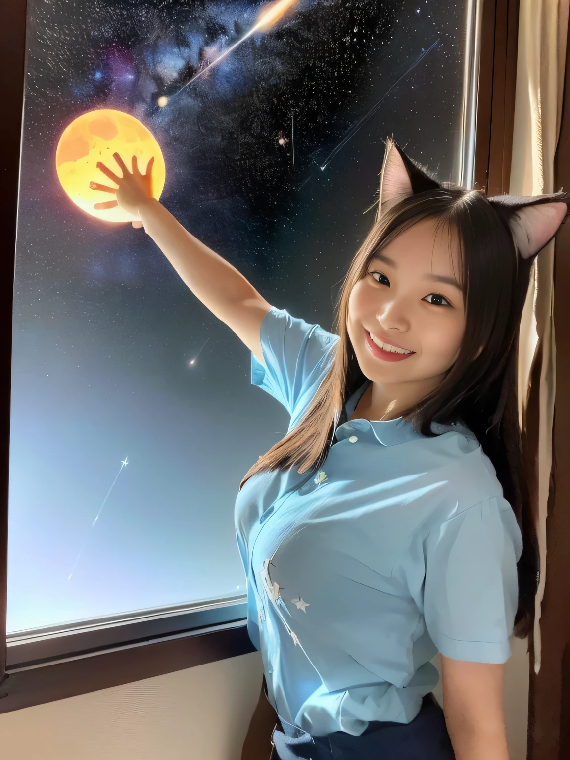 (((blue stars are shining in the sky seen from the window, Glass - Reflection - Stars, Collapsing Star, Star-studded sky, Shooting star on background, broken glass ( (  sun rays  ) ), Stars in space,  Strange Views of Stars , Suspended particles, Blue Particles, flying particles, Stars shining in space, night sky with lots of meteorites)))Background、(((best image quality、highest resolution、greatest masterpiece、8k)))、(((Detailed Faces)))(((cute face)))(((Baby Face)))(((Young contour)))(((Lovely Eyes and Nose)))、((( Blizzard 10 )))(((model body type)))(((Perfect Podiline)))、(((Big Breasts 1.0)))((( Detailed Body .5)))(((nsfw)))、(((Long Straight Hair 1.0)))(((Cat ears)))、(((oversized shirt 1.0)))(((collared button shirt 1.0)))、(((Miniskirt 2.0)))、(((anthropomorphic portrait of a female cat 2.0)))、(((dynamic posing 1.0)))(((random posing 1.0)))((( with a cheerful smile)))(((active 1.0)))(((Cute)))(((Sweet 1.0)))(((low angle)))