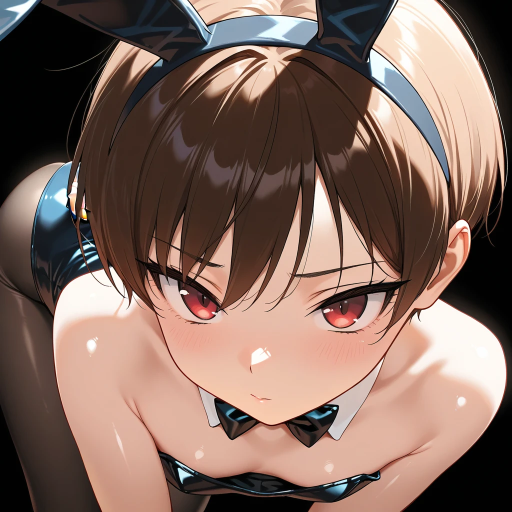 Highest quality, masterpiece, One woman, beautiful, very cute, brown super short hair, Beautiful large breasts, Emphasize cleavage, closed eyes, whole body, Playboy bunny, (Black strapless bunny Leotard:1.2), (black rabbit ears), (High leg), (bowtie), (white rabbit tail), (wrist cuffs:1.2), (Fishnet pantyhose), Covered abdomen, (bound arms behind the head:1.4), (armpits:1.2), blush, sexy, (sensual:1.5), (orgasm:1.2), barcounter, casino, (nsfw:1.8), kneeling, (shoot from side below:1.8), looking upward