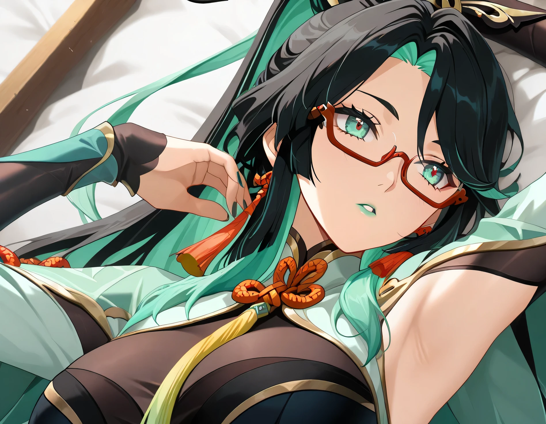 official art,official style,anime screencap,solo,1girl, xianyun, glasses, red-framed eyewear, large_breasts, semi-rimless eyewear, tassel earrings, bodystocking, long_sleeves, Close up, Armpit 