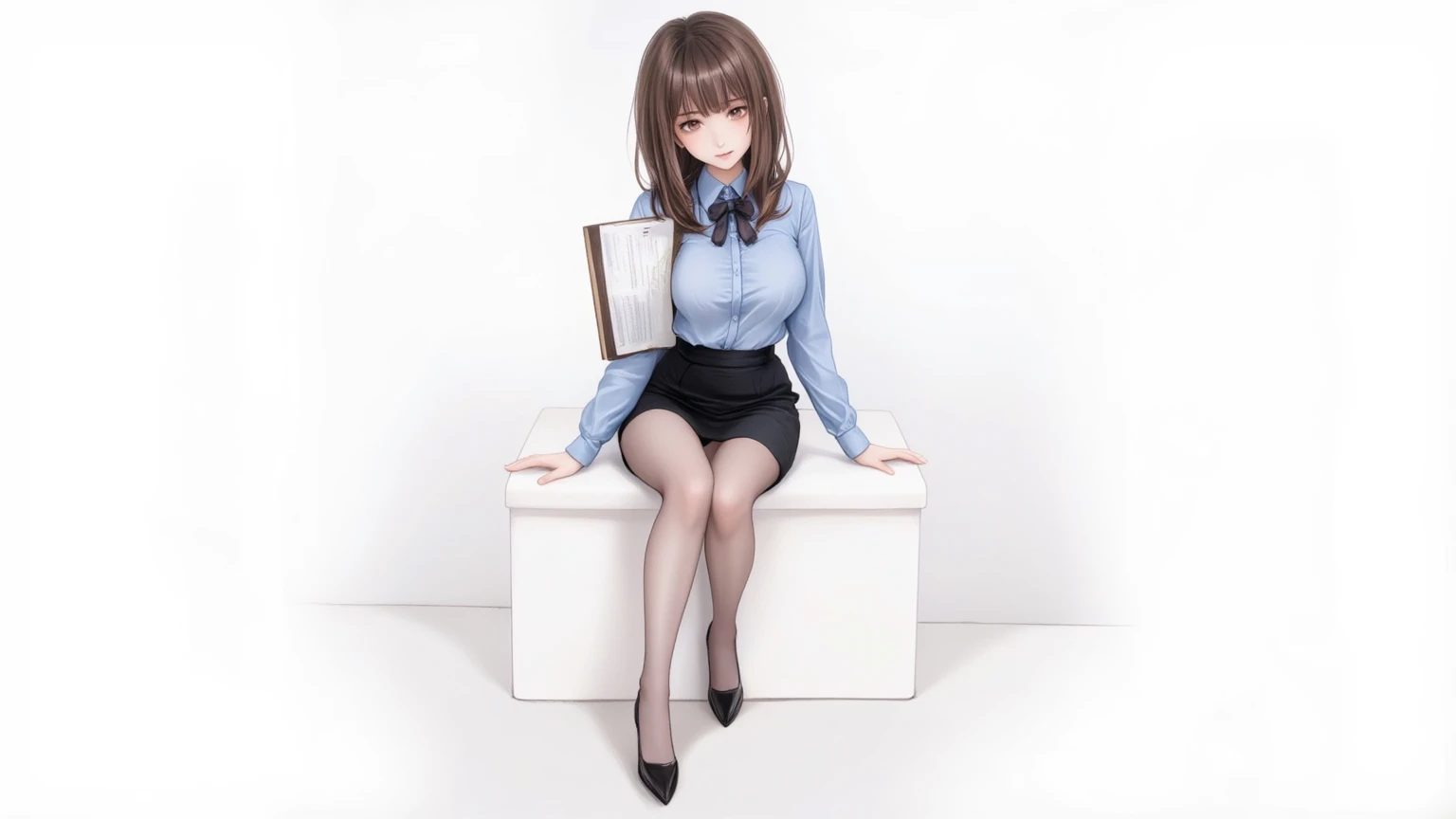 office, Beautiful Japanese woman sitting on a chair, short hair, Beautiful feet, High heels, Brown pantyhose, Mini skirt suit