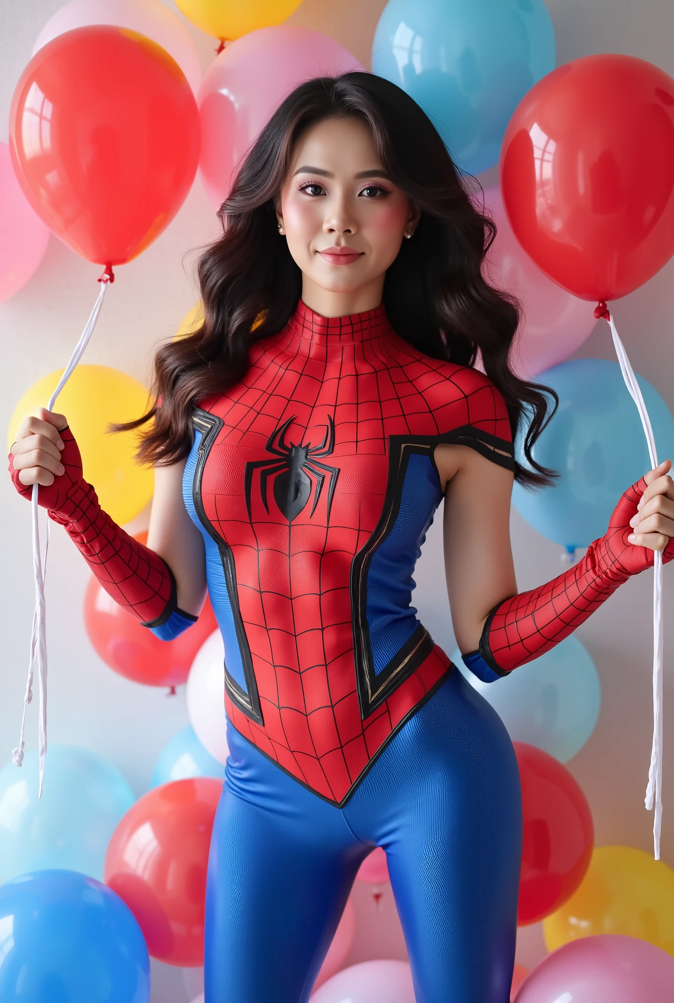 busty curvy super muscular korean female wearing Spider-Man suit surrounded by balloons