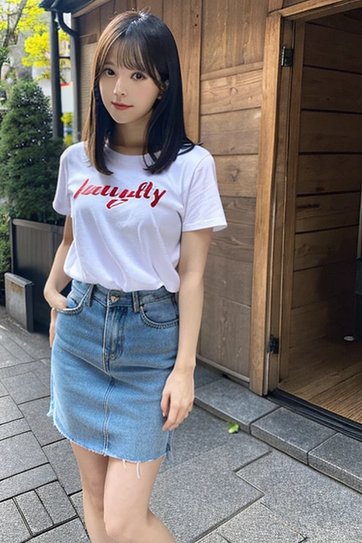 1 Girl, Beautiful, Baby Face, 20 Years Old, White Skin, Large Breasts, huge breast, black tshirt, super shorts denim, Skinny, Posing For Photos in The city, Tokyo city, blonde hair, messy hair, ((adorable:1.1)), ((masterpiece:1.1)), Sleepy Cute Face, dynamic poses, realistic, very realistic, full body figure, long legs, sexy thigh