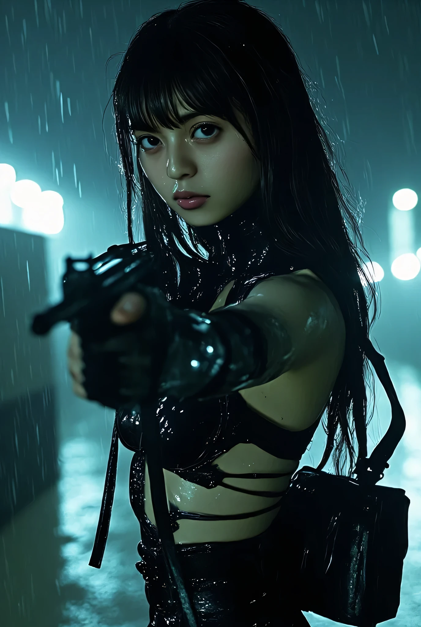 (((On a rainy night with a downpour:2.0))),(((HR Gigger style cyberpunk atmosphere:2.0))),(((Hold 2 Cyberpunk-style MP5 submachine guns:2.0))),(( pointing a muzzle at the viewer :2.0)),standing,((full body:2.0)),one woman,(cute face:2.0),(Beautiful well-balanced face :2.0),((long hair with bangs:2.0)),(black hair:1.5),(Beautiful Eyes:1.3),glamorous shot of an 18-year-old Japanese woman,Beautiful slender body,((model body type:2.0)),((slim body:1.7)),Perfect Body Line,ideal proportions,((small breasts:2.0)),((スリーサイズ90-55-87:2.0)),((G-cup breasts:1.5)),Big Breasts,Bare thighs,Sensual Thighs,delicate body,(succulent:1.7),harmonious posture,((Realistic breast depiction :1.7)),carefully depict limbs based on perfect anatomy,LED glowing ,(((translucent skin made of black glass:2.0))),((Black transparent body made of glass:2.0)),(((LED glowing 透けた骨格:2.0))),naked,((Tactical Holster:2.0)),((((Glass body:2.0)))),concept art,(Best Quality:1.5),(masterpiece:1.5),(超高resolution),resolution,UHD,(Delicate Description), carefully drawn with butterfly wings ,32k,((realistic skin texture that shows through the whole body:1.5)),(((ultra-realistic:1.5))),carefully draw eyelashes,very detailed face,Highly detailed female hand, Sexy appearance ,very sensual,(Blurry Dim Backgrounds :1.5),Professional Photography,(Dynamic Angles),(movie lights:2.0),((Blade Runner style light:2.0))