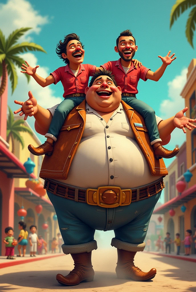 Giant and muscular Chavo character next to Chilindrina and Señor Barriga