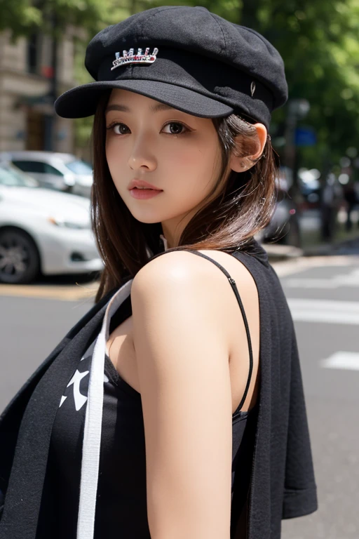 (masterpiece:1.3), high resolution, ultra detailed, extremely detailed CG unity 8k wallpaper, realistic, photo-realistic, RAW photo, beautiful detailed face, pale skin, realistic glistening skin, detailed cloth texture, detailed hair texture, Perfect body, Beautiful Face, accurate, Anatomically correct, Highly detailed face and skin texture, natural neck length, (beautiful hands), (fair skin:1.1), (well-aligned teeth:1.1), (Sweaty skin:1.2),
BREAK,
Detailed eyes, symmetric eyes, Light Brown eyes, Double eyelids, Thin eyebrows, (Glossy lips:1.4), (blush:1.1), (A sparkling small hair accessory:1.1), noble smile,
BREAK,
(A classy and Cute police woman:1.5), (nude, nsfw, nipple:1.4),
BREAK,
medium large breasts, slender figure, firm abs,
((half updo, black hair, bangs:1.2)), (cowboy shot:1.2), (looking at viewer), cowboy shot, From above,
BREAK,
(standing in alley:1.3), (wearing hat:1.3),