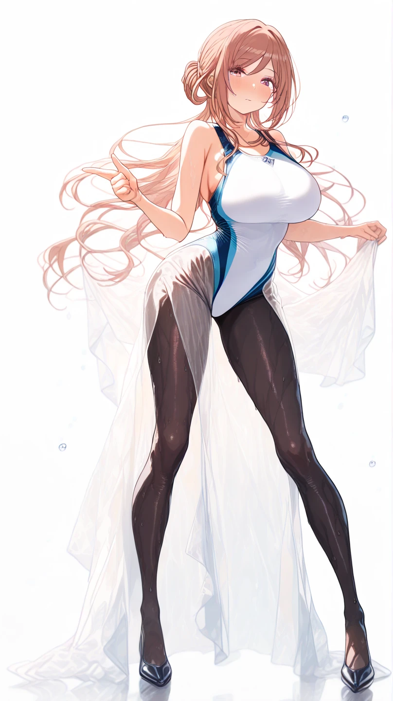 1girl, solo, asuna, long hair, large breasts, cleavage, (blue bunnysuit, pantyhose), thighs, gravure pose, crotch, (from below view), (glowing red eyes), dark red background