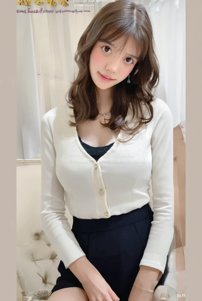 Ulchan-6500-v1.1, (RAW photo:1.2), (Photoreal), beautiful detailed girl, (genuine: 1.4), very detailed目と顔, beautiful and detailed eyes, Mr.々patterned vest、((sit with feet together:1.3))、(super realistic pantyhose:1.2), (high heels)、((business services))、(very affectionate smile:1.2)、huge file size, High resolution, very detailed, highest quality, [masterpiece:1.6], enlightenment, very detailed, finely, highest quality, 8k wallpaper, movie lighting, 1 girl, 26 years old, perfect body shape, cute droopy eyes、beautiful big eyes、highest quality, 1 girl, eye shadow, Upper body, portrait, ((full body shot:1.3))、