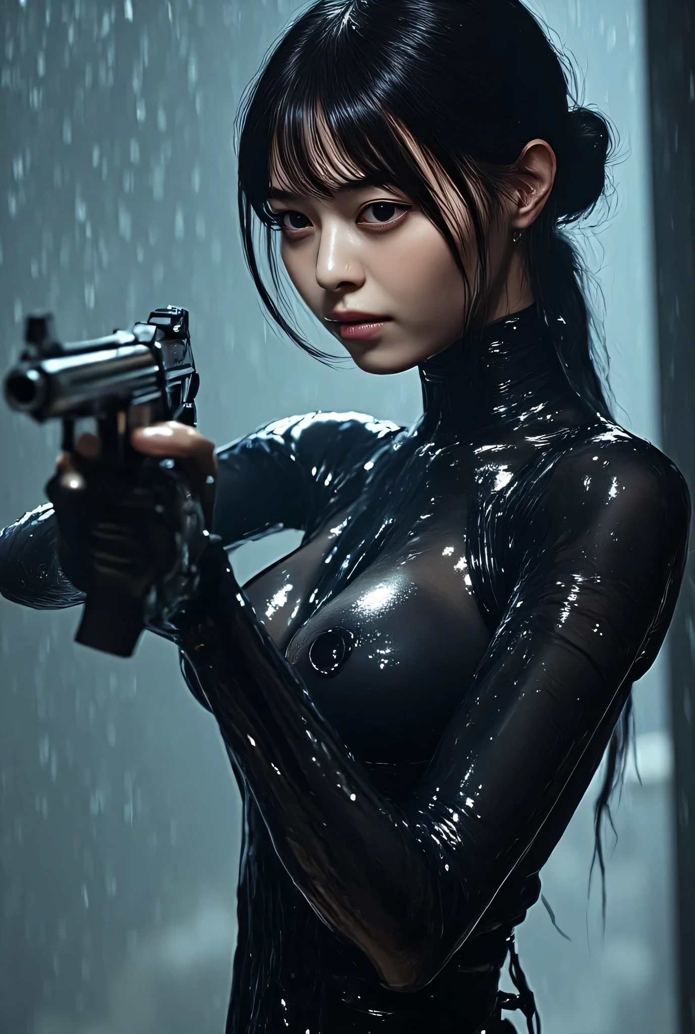 (((On a rainy night with a downpour:2.0))),(((HR Gigger style cyberpunk atmosphere:2.0))),(((Hold 2 Cyberpunk-style MP5 submachine guns:2.0))),(( pointing a muzzle at the viewer :2.0)),standing,((full body:2.0)),one woman,(cute face:2.0),(Beautiful well-balanced face :2.0),((long hair with bangs:2.0)),(black hair:1.5),(Beautiful Eyes:1.3),glamorous shot of an 18-year-old Japanese woman,Beautiful slender body,((model body type:2.0)),((slim body:1.7)),Perfect Body Line,ideal proportions,((small breasts:2.0)),((スリーサイズ90-55-87:2.0)),((G-cup breasts:1.5)),Big Breasts,Bare thighs,Sensual Thighs,delicate body,(succulent:1.7),harmonious posture,((Realistic breast depiction :1.7)),carefully depicts limbs based on perfect anatomy,LED glowing ,(((translucent skin made of black glass:2.0))),((Black transparent body made of glass:2.0)),(((LED glowing 透けた骨格:2.0))),naked,((Tactical Holster:2.0)),((((Glass body:2.0)))),concept art,(Best Quality:1.5),(masterpiece:1.5),(超高resolution),resolution,UHD,(Delicate Description), carefully drawn with butterfly wings ,32k,((realistic skin texture that shows through the whole body:1.5)),(((ultra-realistic:1.5))),carefully draw eyelashes,very detailed face,Highly detailed female hand, Sexy appearance ,very sensual,(Blurry Dim Backgrounds :1.5),Professional Photography,(Dynamic Angles),(movie lights:2.0),((Blade Runner style light:2.0))