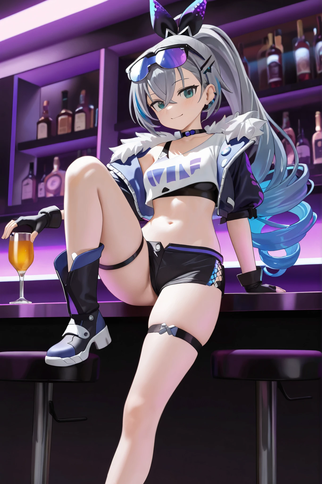A woman with silver bob hair and blue eyes, wearing sexy panties, gazing condescendingly at the viewer with a cute grinning expression, sitting with her legs apart revealing her panties, seductive wink, wearing a mini skirt, extremely detailed and realistic, masterpiece quality, ultra-detailed, HDR, studio lighting, vivid colors, physically-based rendering, long thick muscular thighs, beautiful muscular thighs, very strong wrestler, attractive big buttocks, (looking back over their shoulder),