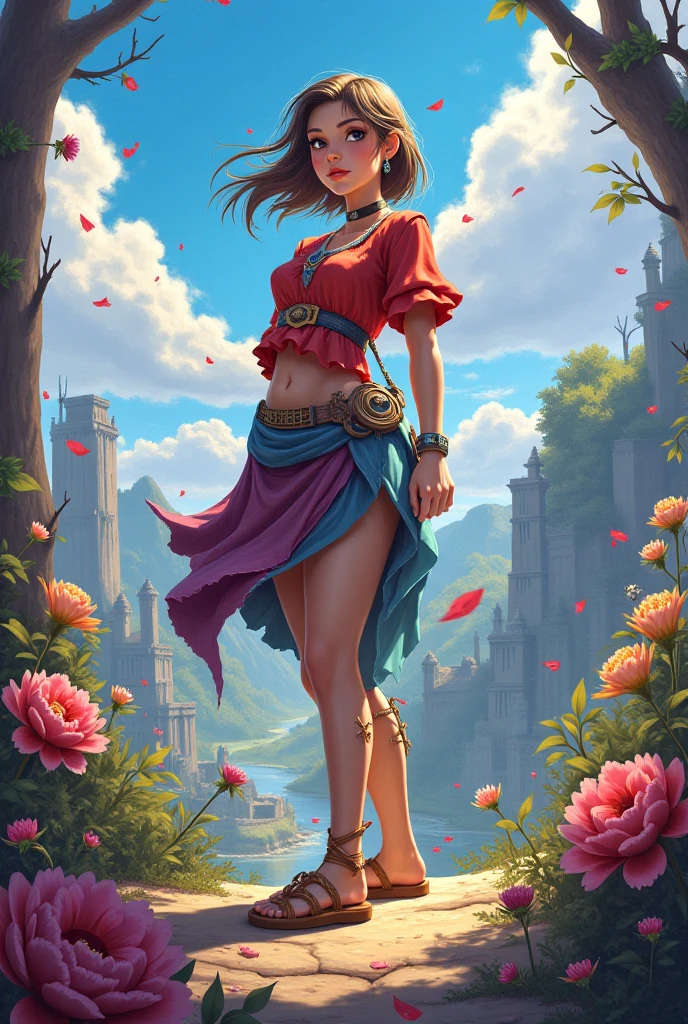 1 woman, Mexican, beautiful, long black hair, brown eyes, determined gaze, seductive gaze, brown skin, full body, medium breasts, dark nipples,(( bare breasts, chest out, topless, braless, bare breasts, chest out , bare breasts)), hanging breasts, covered shoulders by zarape, traditional Mexican pink short⁸ skirt, flower print, abdomen and hip sash, red, ankle boots, bracelets, earrings, necklaces, gold, dynamic pose, very detailed , background with flower petals, blue sky, Mexico