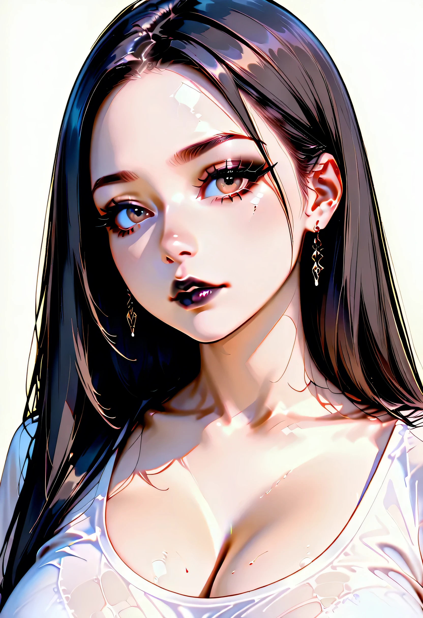 Masterpiece,Best,((Pure white background)),Light effect,ultraclear, highr,-definition picture, (frontage) Solo,_Kim Ji-ni Jennie face,Black balls,Wear a black pale green T-shirt,cleavage,