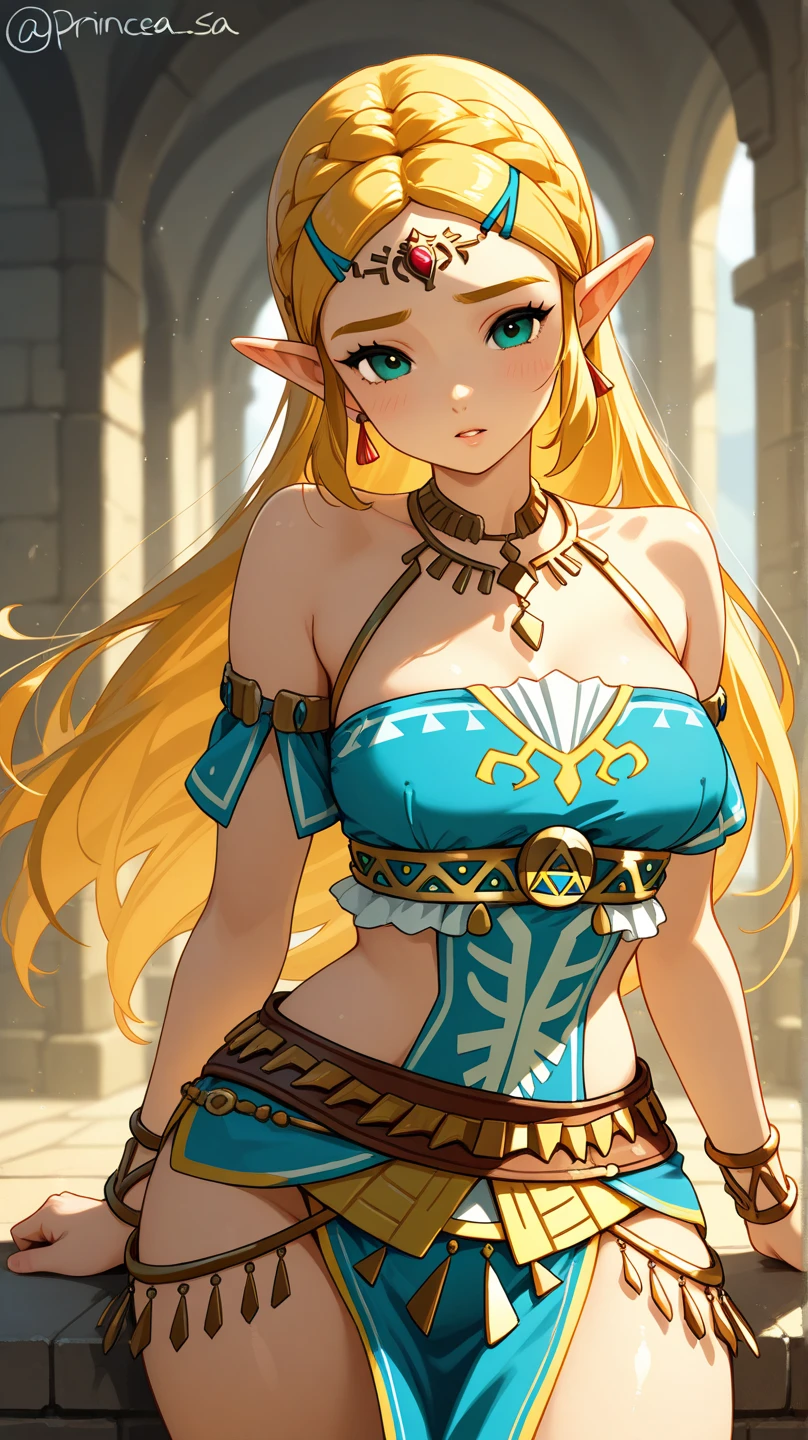 masterpiece,best quality,zelda\(princess\), 1girl, solo, large breasts, cleavage, smile, long_hair, bikini