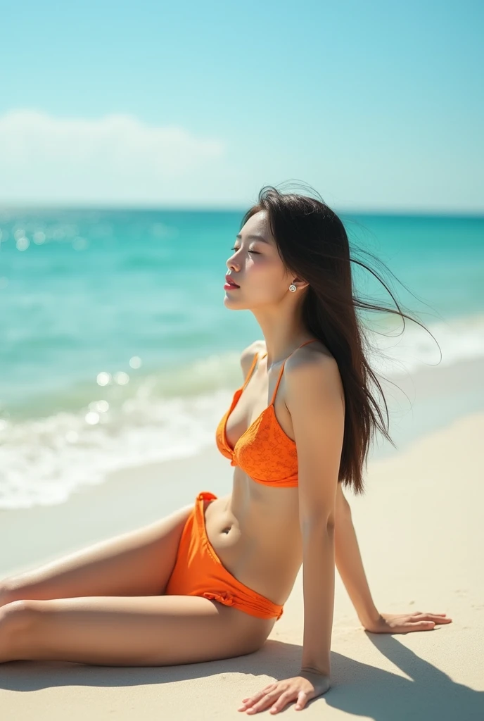 リアルなphotograph、Pay attention to the faces of Japan's top idols、Bikini with innovative design、On all fours , Spread your legs,Lean your back、 photograph, White sand beach、blue sea、Tanned skin、Show and style hair blowing in the wind、Small size bikini、Pose with cleavage in mind、