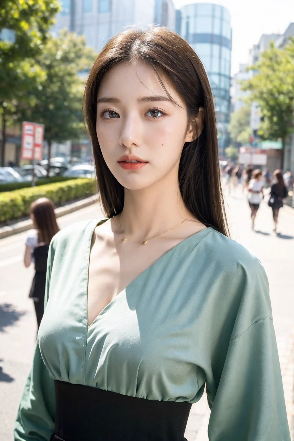 ((Raw Photo, Masterpiece, (((majicMix realistic_v6))), Best Quality, 16 K: 1.2)),((Best quality, 8k, Masterpiece :1.3)), 1girl, smiling, full body, slim face, Pretty woman, (Dark brown hair), (One Shoulder Dress :1.1), Ultra-detailed face, Detailed eyes, Double eyelid, blur background, slim face, city, outside, street,