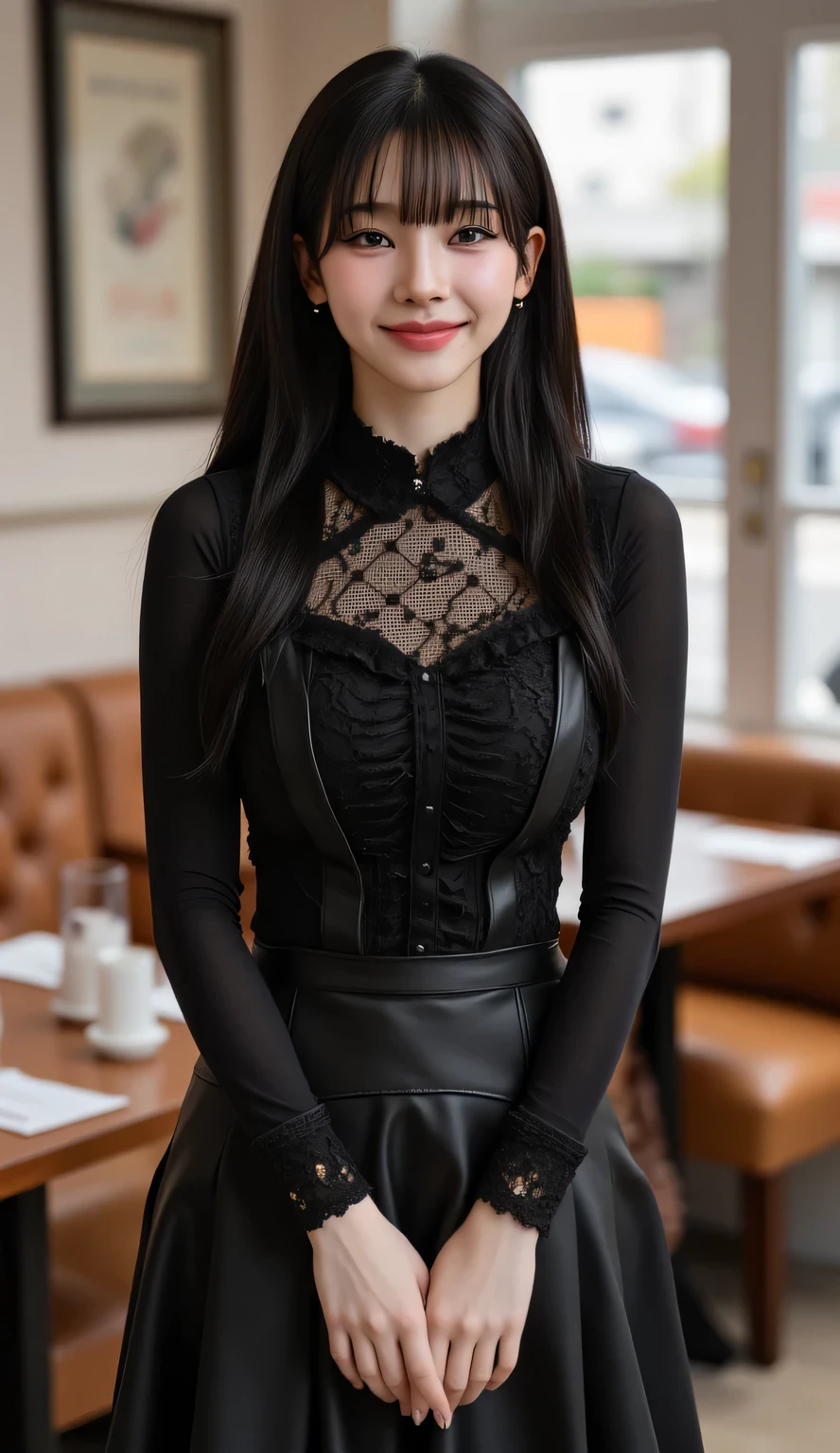 highest quality, masterpiece, Ultra-high resolution, (Realistic:1.4),Cloudy weather, (Close-up portrait) RAW Photos, 1 girl,20-year-old,((Black boots and black lace gloves)),((Frill lace mini skirt)),(((Black lace blouse))),((garter belt)),((Blue-purple hair in a ponytail)),((Cap Chestnut)),((Short bangs)),Realistic,私mage Media Chest)),((Smiling with teeth showing)),((Big smile))