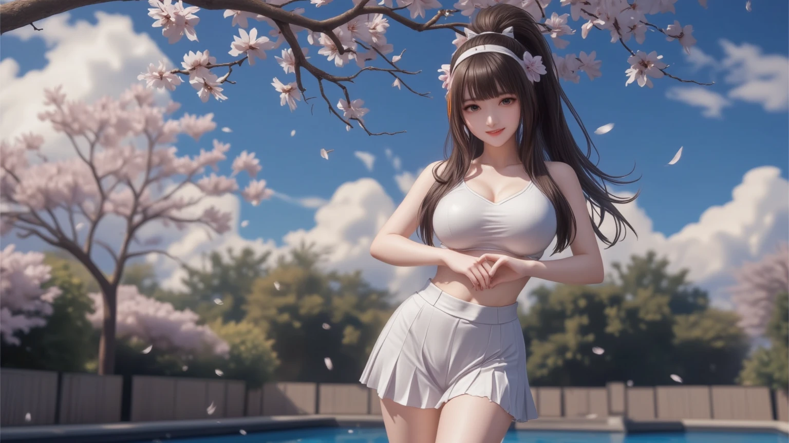 ((masterpiece, highest quality, High resolution, Hyper HD, Pixel perfect, Depth of written boundary, 4K, RTTX 10.0, High resolution))), One girl, single, alone, Beautiful Anime Girls, Beautiful art style, Anime Figures, ((Long Hair, bangs, Brown Hair, Curly Hair:0.8)), ((Shining Eyes、Light blue eyes:1.4, Round eyes, Beautiful eyelashes, Realistic eyes)), ((Detailed face, Blushing:1.2)), ((Smooth texture:0.75, Realistic texture:0.65, Realistic:1.1, Anime CG Style)), (Big Breasts:1.4), Dynamic Angle, Perfect body, ((viewing angle, Dynamic pose, Portraiture)), ((white small bikini))、Beautiful thighs)), (whole body:1.4)、smile, Open your mouth, amusement park, ((Cherry tree, Cherry blossoms fall)), Natural light, Bright sky, sunlight、whole body、Sit on a bench