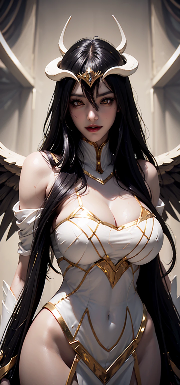 Photorealistic, masutepiece, Photorealistic, High resolution, Soft light, hips up high, Black wings, See-through white dress, white horns, albedo_overlord, Black hair, (Low wing,:1.1), Huge breasts, castle in background,Nipples are erect,areola is showing through