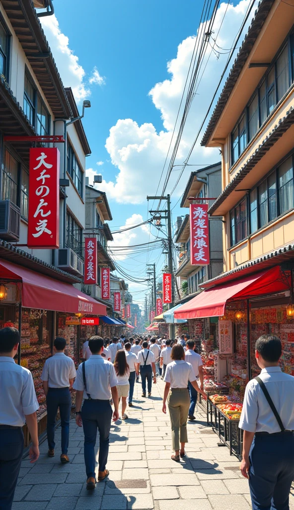 "Create an illustration of a bustling Japanese festival with a vibrant crowd."