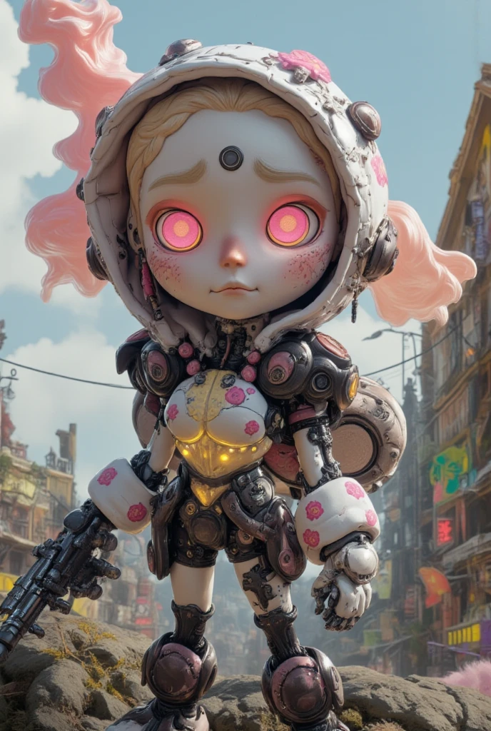 RoboFortune,crop top,yellow slit pupils,cat tail,robot animal ears,navel,standing,upper body,serious,underboob,(insanely detailed, beautiful detailed face, masterpiece, best quality),<lora:RoboFortune-10v7:0.7>,outside,building,