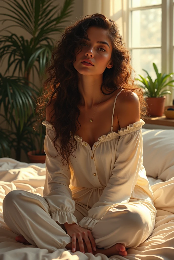 (photorealism:1.2), beautiful woman, sitting on bed, wearing loose off-shoulder top, pajama pants, long curly hair, indoors, soft lighting, plants in background, window with sunlight, cozy room, relaxed pose, realistic, intricate details, warm colors, by Greg Rutkowski, by Alphonse Mucha