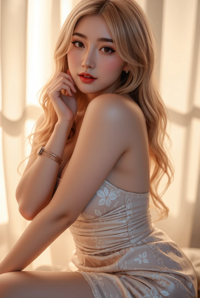 random angle image, brush drawing image, half body close portrait image, beautiful busty Asian female teen, aged 20, soft skin colour, flowing long blonde white hair, wearing black slim fit short maid dress with stockings, dynamic pose, glod smoke lines behind, white background, 8K resolution