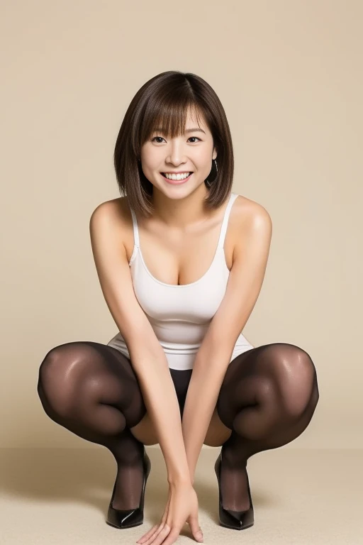 Japanese,young, (alone), 30 years old, (double),whole body,short hair, Glamour, Pure white skin, Photographed from the front,Observe the audience、(Black Tank Top)、(Black Pantyhose),Black high heels、garden、Squat,