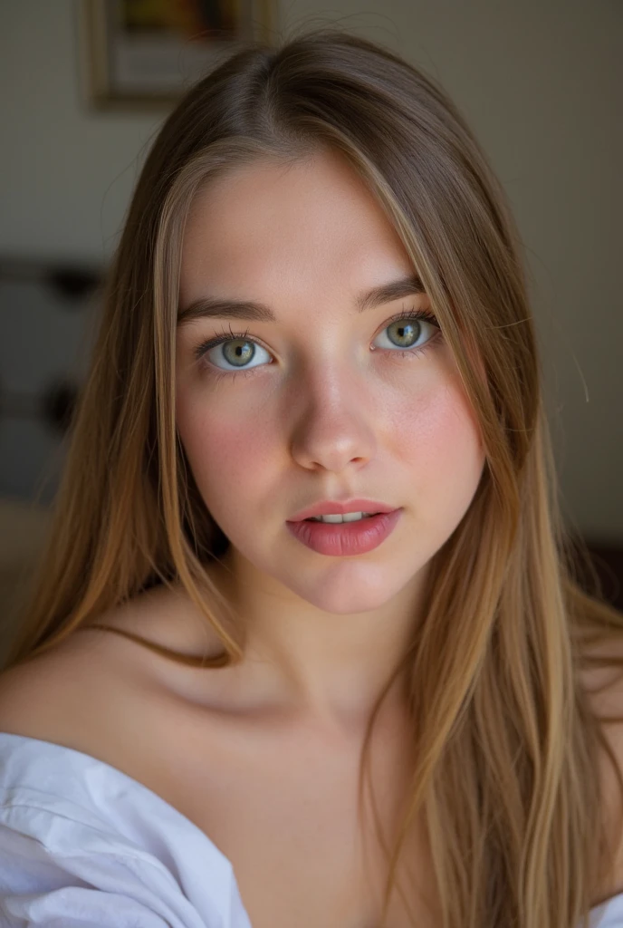 (vue de face) photographie très détaillée, photographie nette, femme de 20 ans, visage symétrique, long cheveux blonds, yeux bleu symétrique, nez bien défini, mâchoire bien marquée et anguleuse, complexe et détaillé, netteté, superbe couleur, lèvres proportionnées et charnues