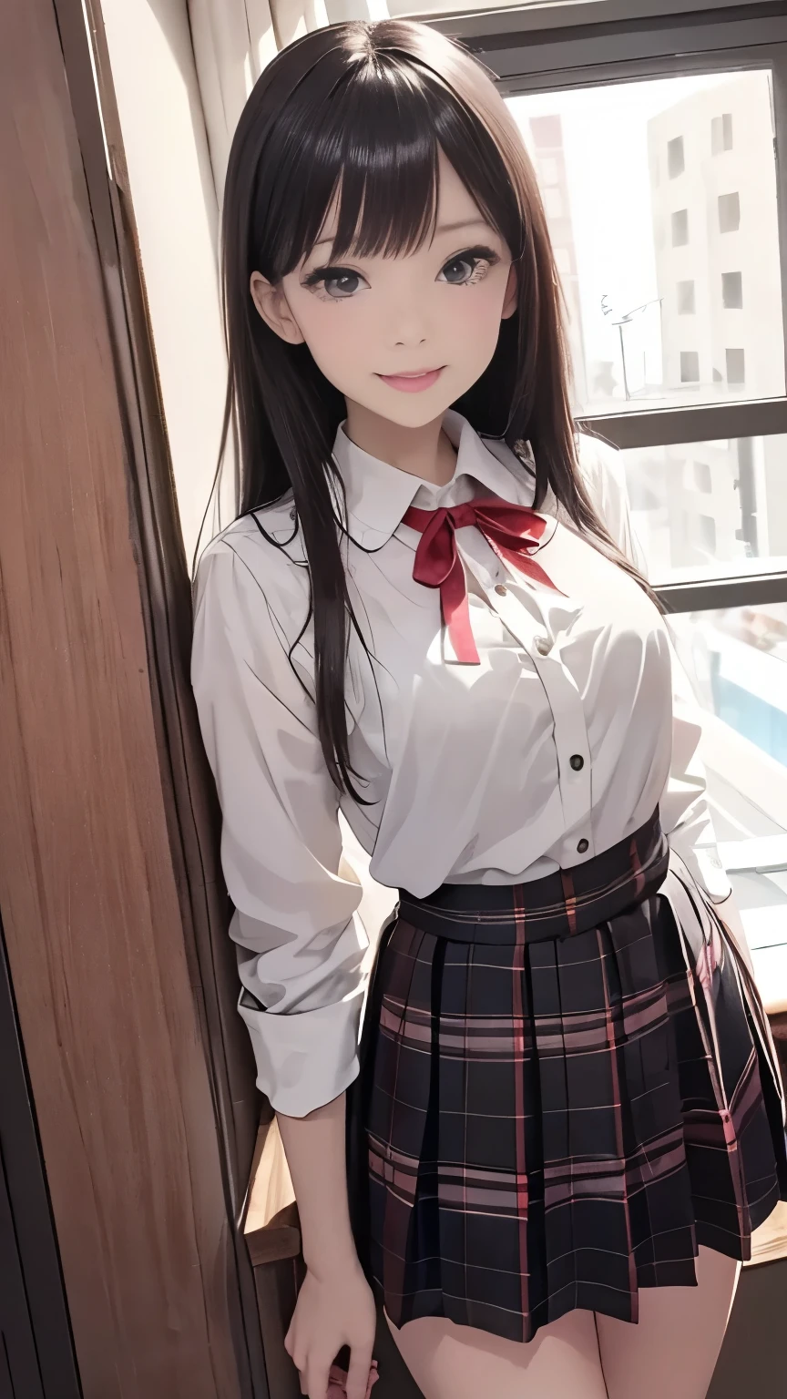 very cute and beautiful girl,(highly detailed and beautiful face),white shirt,ribbon,(pleated plaid mini skirt), standing,(skirt lifts up,white panties),( Smile),blush,watching the audience,dark hair,Wooden classroom, (best quality, masterpiece:1.0),is ridiculous,high resolution,super detailed, Extremely Detailed,32k, 8k resolution, intricate details,Movie Scenes,Detailed Background,alone,dynamic angle,