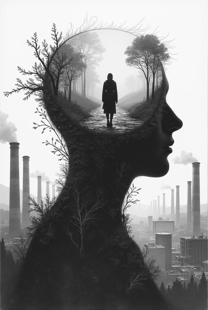 Give me an image that shows the interconnection between human and nature, that presents anthropocentric and capitalist thinking as a problem, Do it black and white drawing style or photograph
