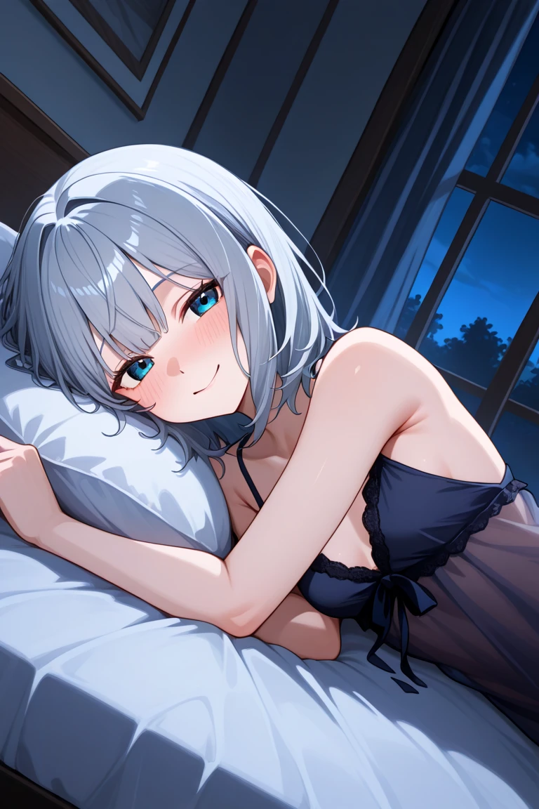(8K, Highest quality, Masterpiece:1.3)), Ultra high quality, (1 girl, 1 person), (Color changing eyes, Ultra detailed, Expressive glow, Sparkling eyes), Very detailed eyes, Very detailed face, Random hair, (Silver gray color), Exposed, Silk gown, (Night view, Starry sky:1.2), (Cute bra and cute panties:1.1), (Ecstatic expression:1.3), On all fours, Erect nipples, Angle from below, Pussy juice running down thighs, White skin, On bed, Candle, Fantastic light