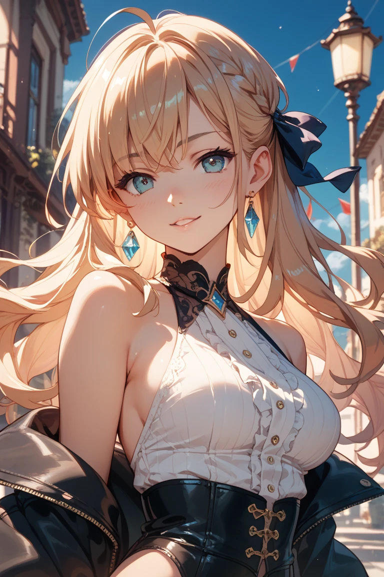 elfa nova, cabelo branco, olhos roxos, vestindo um manto real branco e roxo, outside a mansion, dia, Realistic lighting, obra de arte, alto detalhe, olhos detalhados, rosto detalhado, Sorrindo suavemente, arte de anime medieval