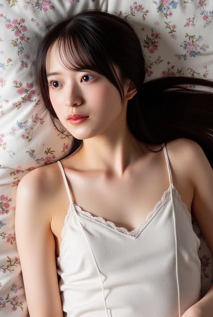 (((Highest quality,Very detailed,masterpiece,Very detailed))) ,(((Spread your legs))),Loose breasts,seems to be happy,See through,camisole,one piece,barefoot,One Girl,Realistic,Lying down,Bedroom、Looks sleepy