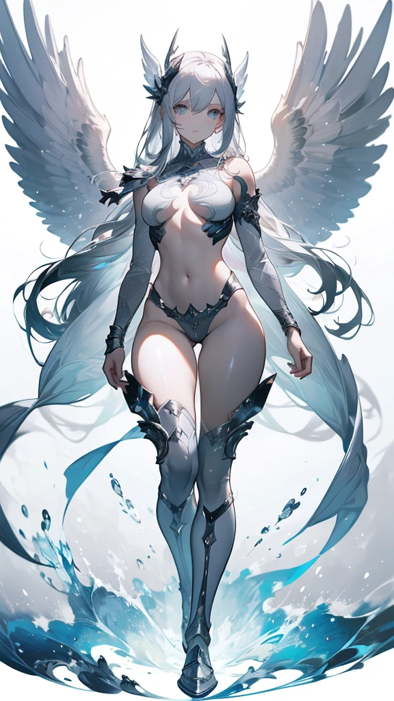 a sexy girl, with greyish skin, blue and silver hair, fairy wings, she's flying and there's some wind around her, she is using silve lingerie with sotckings and there is a eagle companion, she has a serious face and her hair is flowing with the wind, 8k, dreamy, fantasy