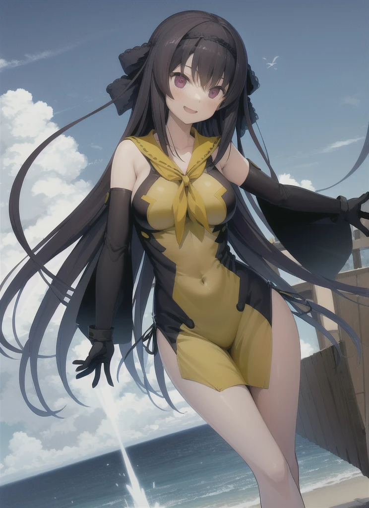 (masterpiece:1.2), best quality, ultra high res, unity 8k wallpaper, (illustration:1.0), (beautiful detailed eyes:1.6), extremely detailed face, Cinematic lighting, high contrast , clear color, (perfect hands,perfect anatomy), (dynamic angle and pose:1.3), best angle, (1girl, solo:1.5), smooth, simple, BREAK
zetton, hair ornament, antennae, breasts, large breasts, horns, (yellow eyes:1.2), black hair, long hair, BREAK
striped thighhighs, striped, thighhighs, gloves, personification, dress, black dress, skirt, elbow gloves, BREAK
(palm tree:1.3), (ocean:1.3), (outdoors:1.2), (sky:1.2), (beach:1.4), (walking:1.3),(medium full shot:1.4),