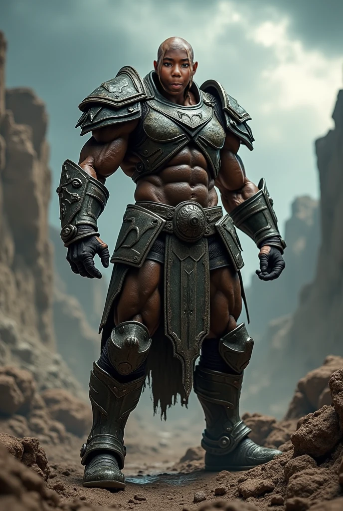 muscular man, (black painted skin:1.5), naked, blond beard, white hair, minimal armor, perfect flacidpenis, pubic hair, nature background, cinematic, photorealistic