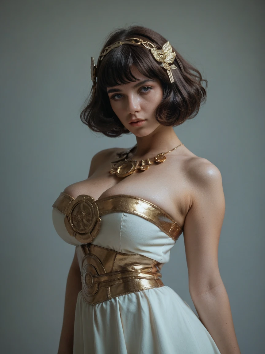 Ava Gardner, 29 anos, em um white strapless bodysuit, Tecido drpeado, coxas expostas, white bodysuit with gold details, detalhes dourados, gold armbands, longos braceletes de ouro, colar gargantilha de douro, brincos grandes de argola, faixa dourada, pose majestosa, black hair , short haircut,  athletic body, olhos claros, look-at-camera, facial expression of tenderness, Romantismo, caverna escura com raios penetrantes, pedras, cachoeira