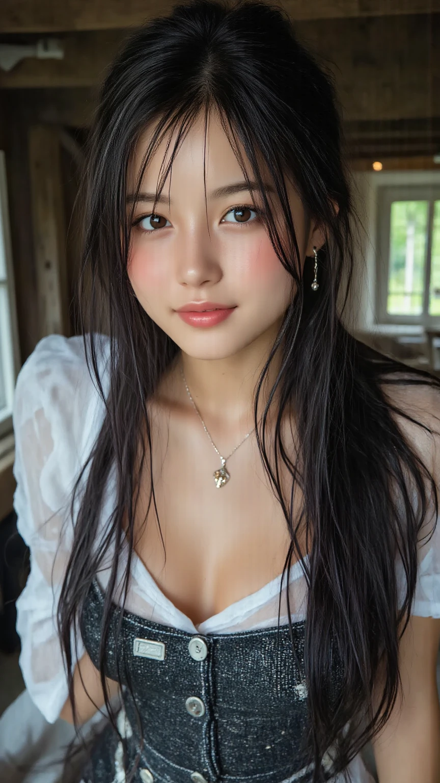 (in 8K、 Raw photography、top-quality,、hight resolution),、(hyper realisitic)、(realisitic),、Soft light、、girl with、Lifelike face、Realistic body、real looking skin、absurderes、​masterpiece、Cuties、独奏、Innocent eyes、blusher、Cinema Lights、cherry colored lips、The hair 、a closeup、looking at viewert、 Open lips,、Upper teeth,、(Smiling eyes:0.6)、eyes focus、professionally lit、CG Social Trends、Plastic En、((Black Long Hair))、((Beautuful Women))、(A smile)、Fashionable、(A sexy)、Hair that flutters in the wind、((Flowing hair))、(Sunflower hair ornament)、Happy -、fashion magazine、((lighting like a movie))、((mountain hut))、((playing in the water))