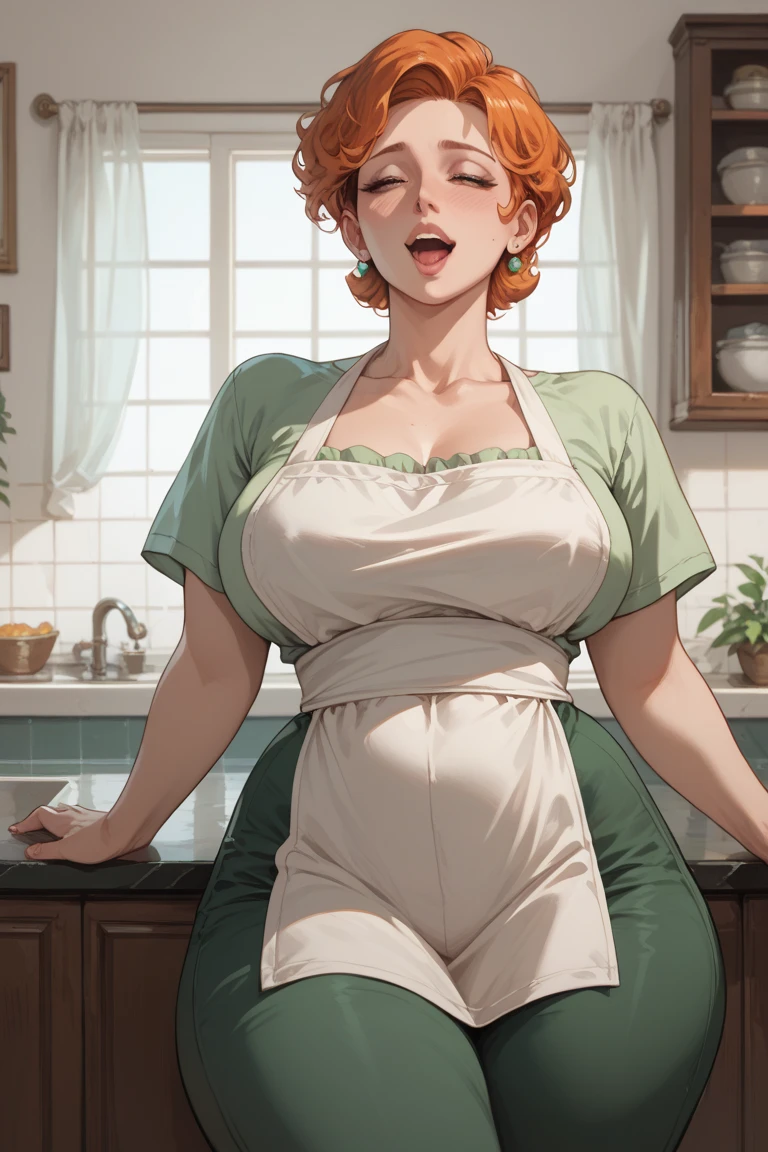 Mixed_artstyle, dexter mom, (solo), square face, meolooking at viewer, 1 milf, orange hair, mother, houseWife, beauty mark, sexy lips, big breasts, big waist, thick, censored, (sfw), winking,