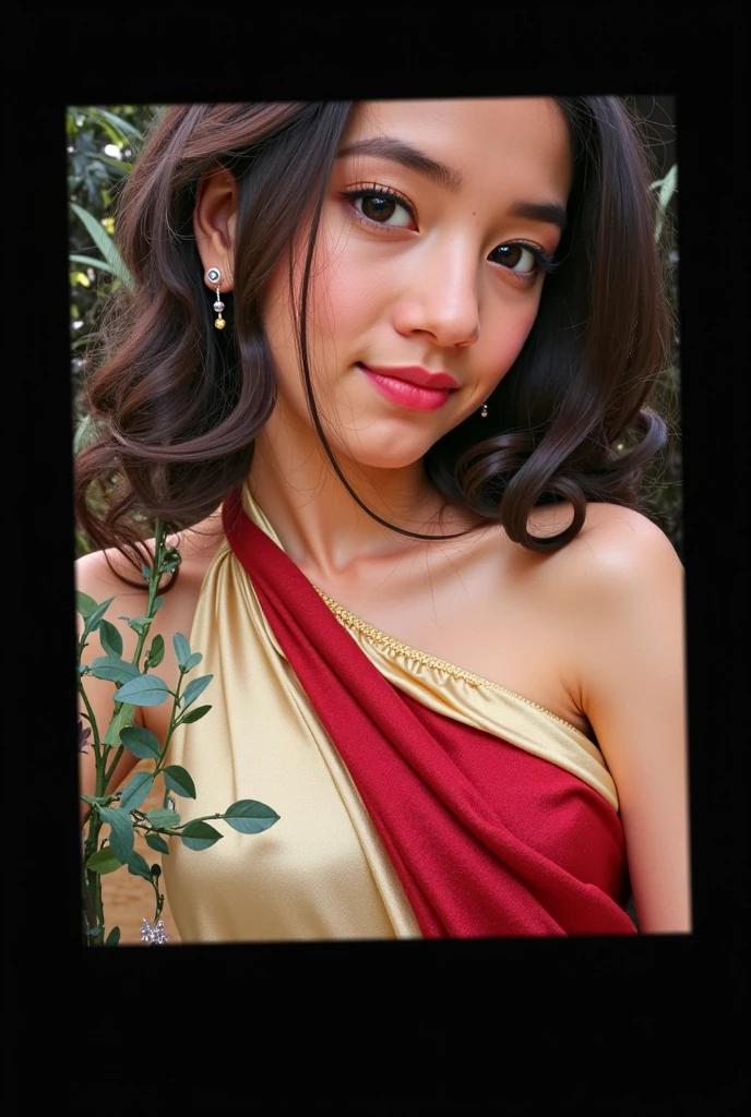 (masterpiece),(best quality:1.0), (Ultra-high resolution:1.0), detailed illustration, 8K, 1 Girl, beautiful girl, Wearing a sari, Wearing a pink saree, Beautiful posture, Pretty Face, detailed face, beautiful eyes, Crimson eyes, detailed eyes, Red lips, Red lipstick, Slightly brown hair, There is a pink flower on the ear, Hair highlights, permanent, Red flowers on a tree behind, Clear sky,cloudy, detailed, complex, highly detailed