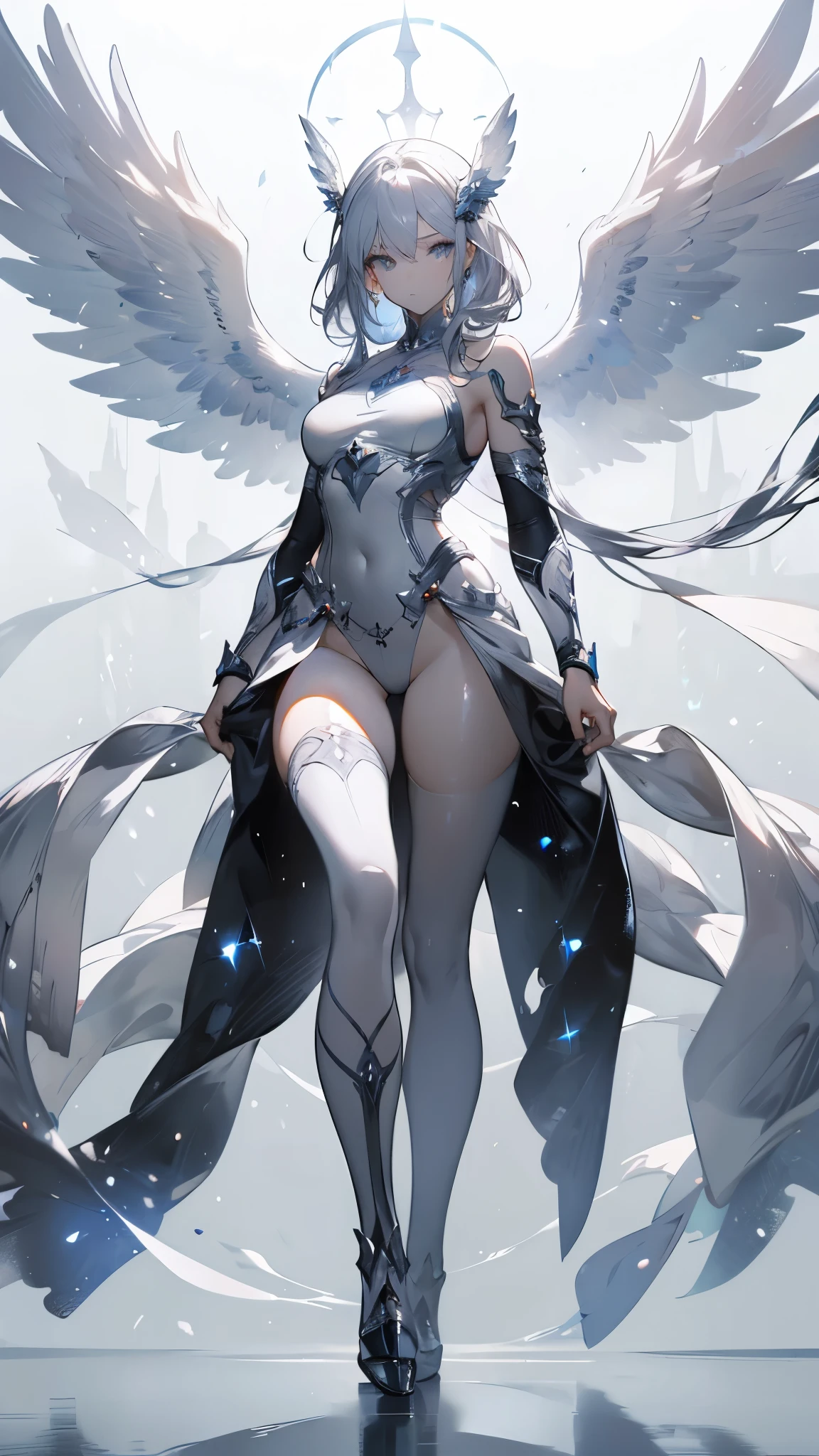 (((Dragon))), female, ((furry)), (white robes), ((best quality)), (by honeycalamari), ((ultra detailed)), ((ultra defined)), ((perfect lines)), ((perfect eyes)), ((perfect face)), ((sky background)), (nice hands), (perfect hands), (blue eyes), (hourglass figure), ((breasts)), thighs, ((solo)), feathered wings,