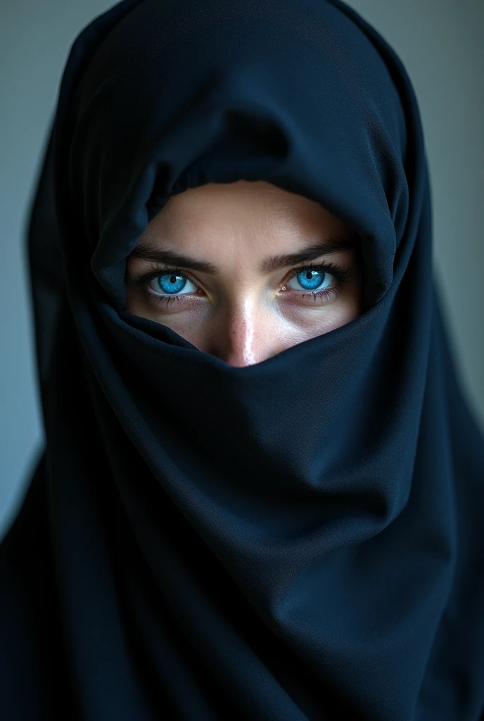 A close-up portrait of a Kolunika with striking blue eyes, her face partially obscured by a dark, richly textured hijab. The focus is on her eyes, which are looking directly at the camera, conveying a sense of mystery and allure. The lighting highlights the texture of the hijab and the depth of her gaze.