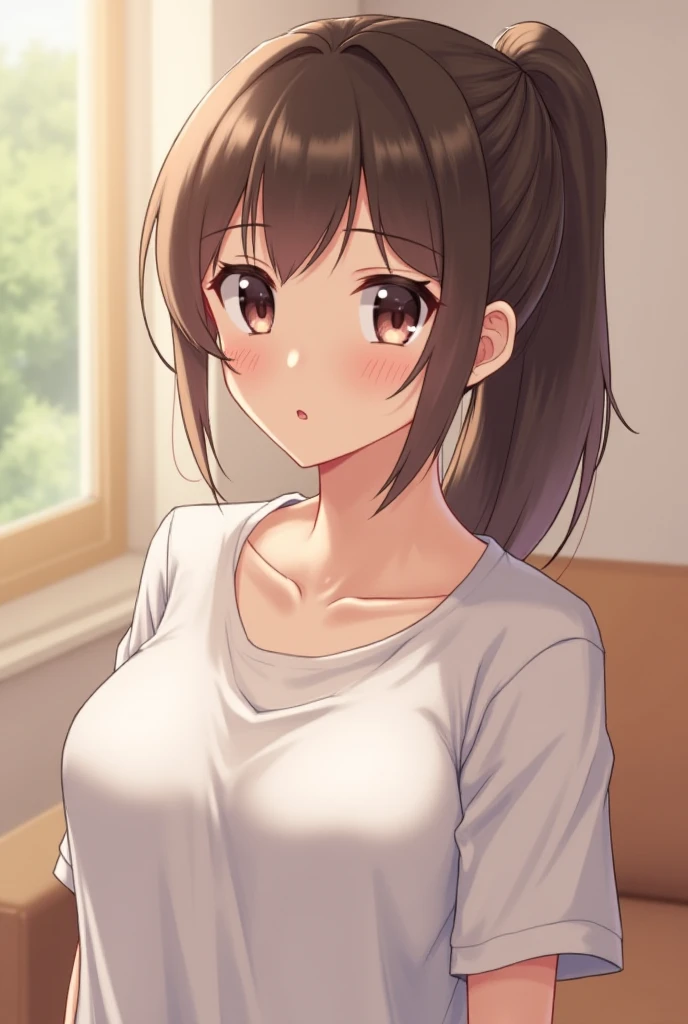 brown eyes、brown hair、light blue off shoulder blouse