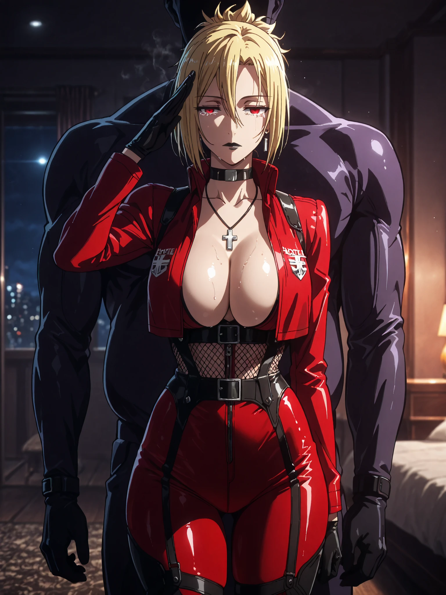 score_9, score_8_up, source_anime, standing, hellsing, seras, blonde hair, nude, indoors, night, night sky, nighttime, vampire, smirk, fangs, ikuchan, balcony, town background, nude male, huge penis, huge testicles, muscular male, medium breasts, boyfriend, couple, looking at viewer, faceless male, light skinned male, cuckold pov, ntr, netorare, standing side by side, standing, cuckolding, cuck, 1girl, 1boy, smug, humiliation, ((faceless male)), ((size difference)), tall male, ((worship)), licking abs, ((light skinned male))), gown, dress, bulge, navel, short dress, red dress, furry, tiger, anthro on human, tiger girl, chubby, bbw, male head out of frame, ((size difference)), , ((large male)), black haired male, solo focus, choker, solo focus