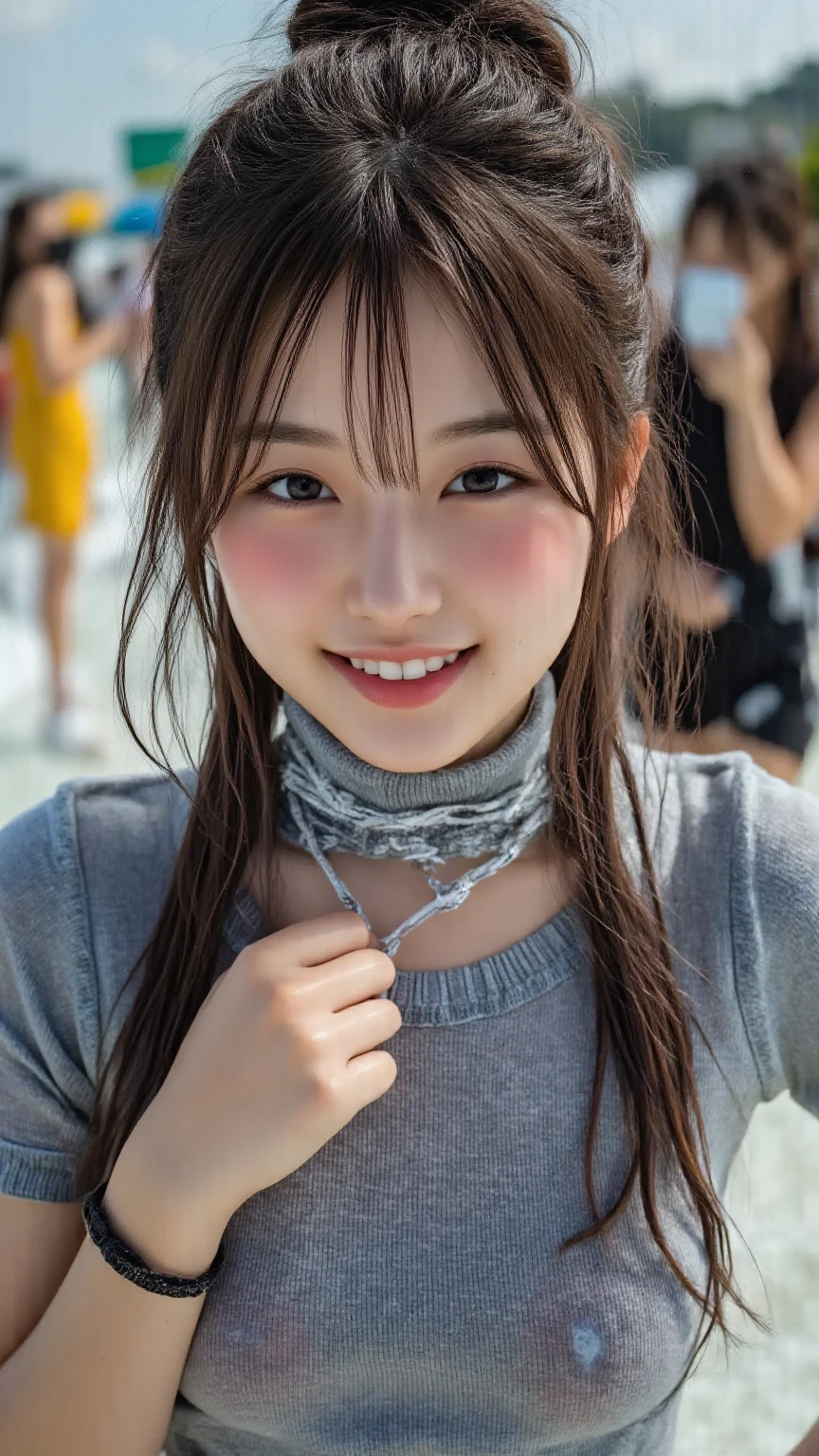 Highest quality, Realistic, 1peopleの女の子, woman,(Skin Dentition), nude,Mid-chest, (bright), (Professional Lighting, Bokeh), (street), people々, crowd, Braided bangs, nice, bloom, Floating Hair, (Dynamic pose:0.6) , Soft lighting, ,((( She is being made to cum)))