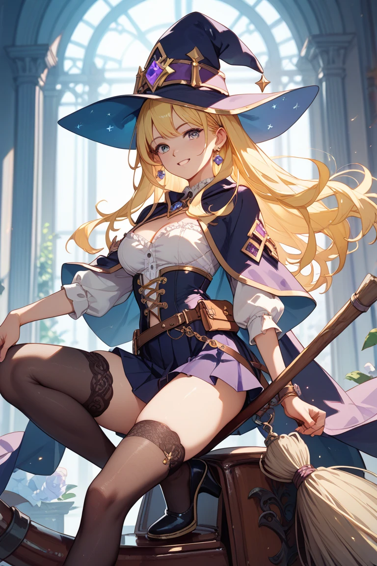 (masterpiece),(best quality),(ultra-detailed),(best illustration),(best shadow),(absurdres),(detailed background),(very aesthetic),1girl, solo, hat, blonde-hair, drill-hair, gloves, breasts, blue-eyes, witch-hat, thigh-boots, thighhighs, boots, elbow-gloves, open-mouth, staff, purple-headwear, smile, dress, full-body, simple-background, cleavage, large-breasts, looking-at-viewer, purple-dress, very-long-hair, purple-gloves, holding, purple-footwear, wand standing-on-one-leg, twin-drills, holding-staff, witch, black-footwear, puffy-sleeves
