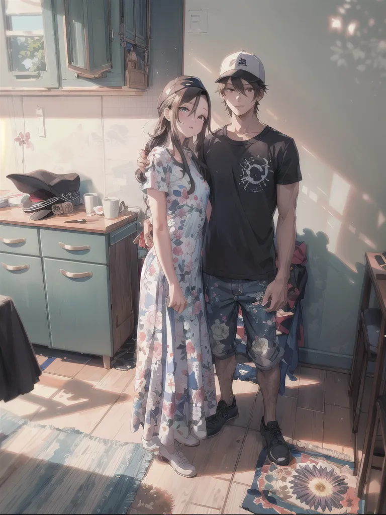 (casal de namorados) in a beautiful romantic landscape, Golden sunset, Embraced, olhando nos olhos um do outro, com sorrisos apaixonados, cabelo ao vento, roupas leves e coloridas, Quiet and affectionate setting, clima perfeito de amor e felicidade.