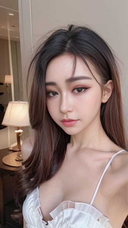 nsfw、sexy stylish female idol、glossy lipstick、smiling face、defined eyebrows、ultra detailed vivid makeup、eyelashes、full body Esbian、sheer latex dress、Colorful hair